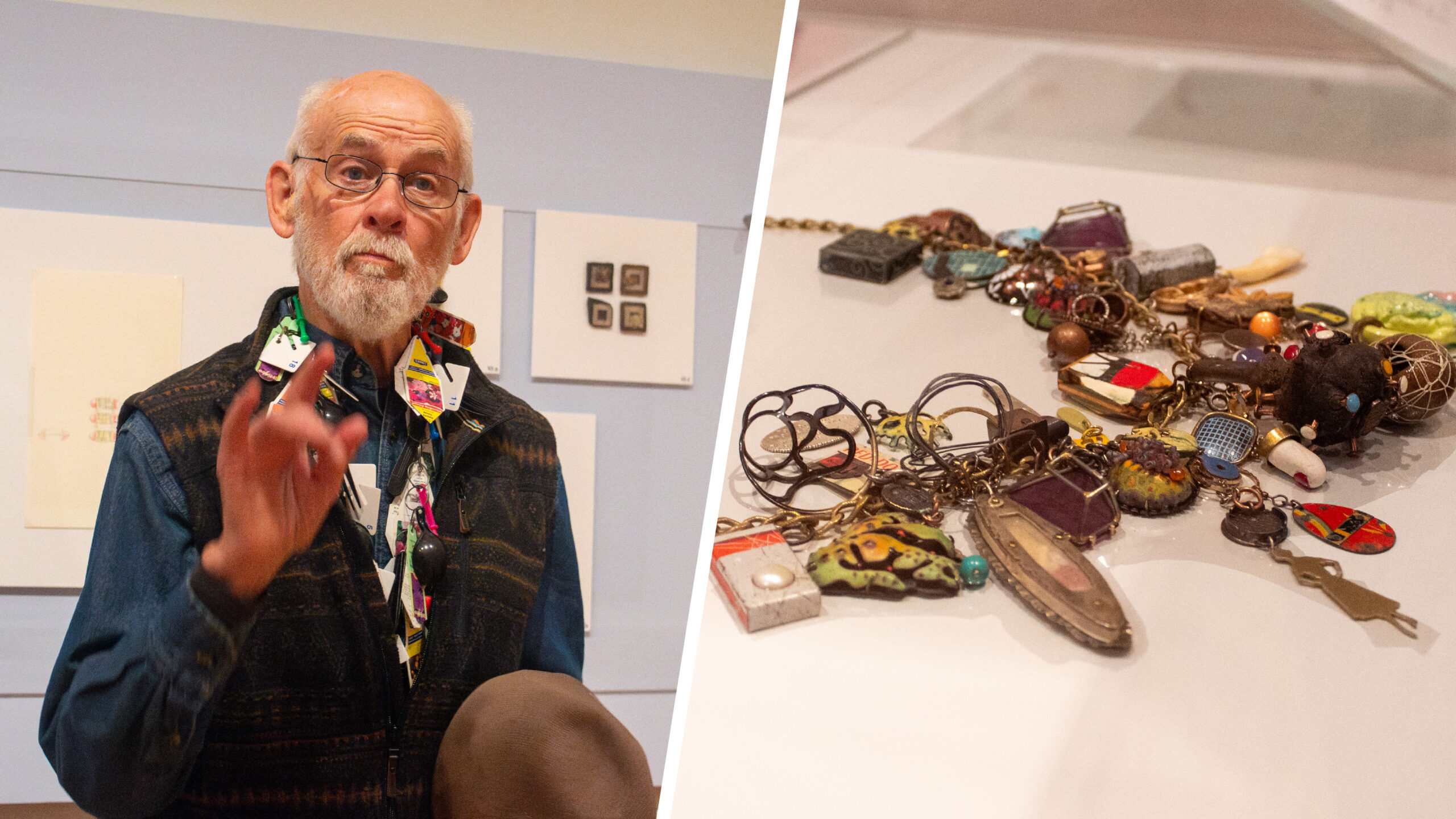 Artist Robert Ebendorf and an image of the work ECU Charm Necklace