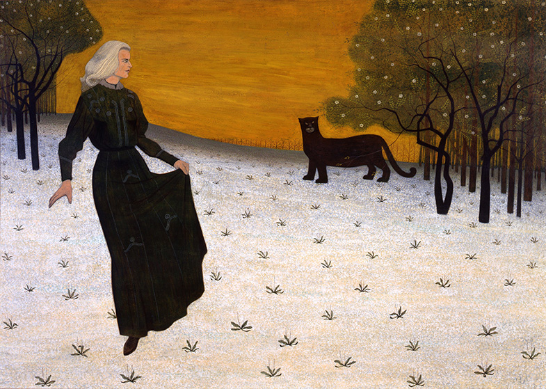 A painting of a woman in a black dress in a field of white, flanked by trees with a yellow sky background, staring at a black panther in the distance.