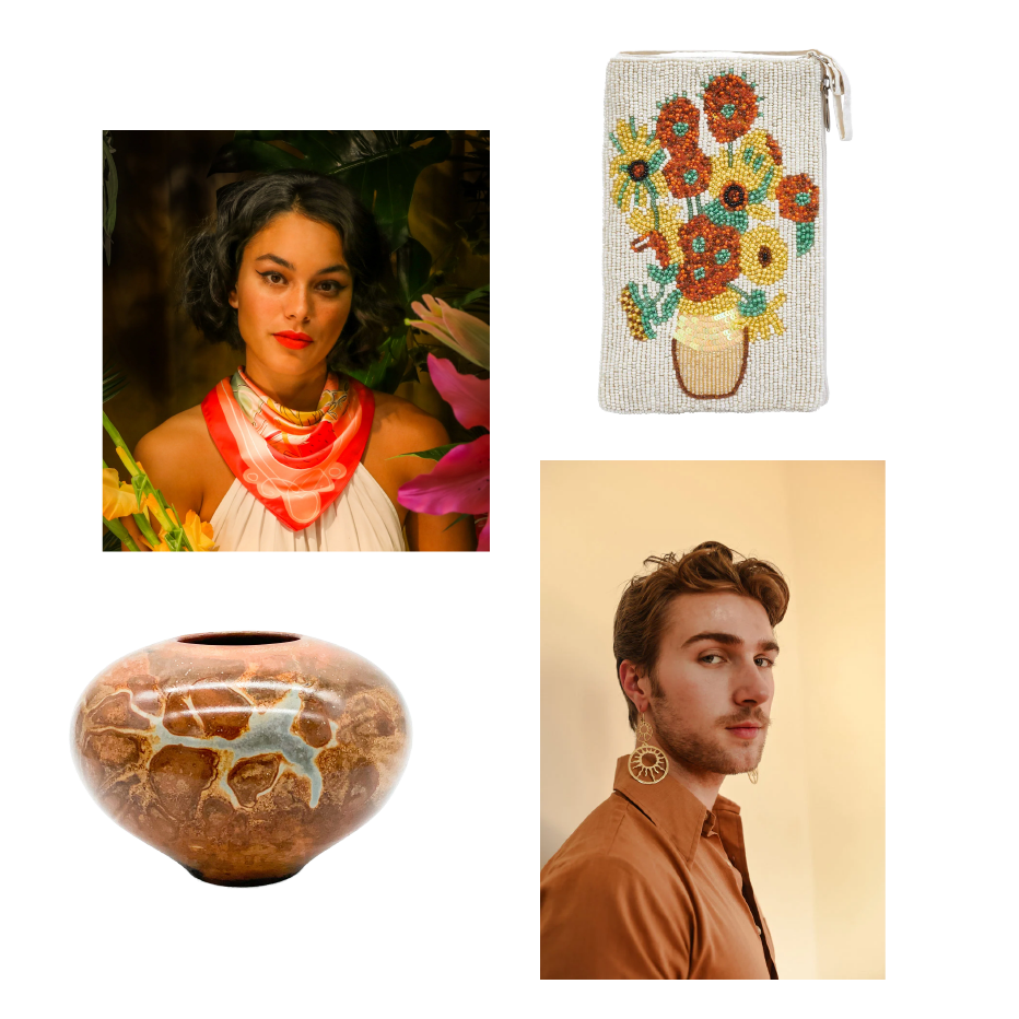 top left, person wearing a vibrant scarf. top right, a beaded bag styled with florals, bottom left a brown pottery vase, bottom right a person wearing sun shaped earrings.